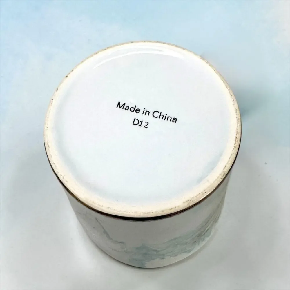 Small Blue Marble Porcelain Cachepot Planter | White & Aqua Swirl Vase Gold Trim